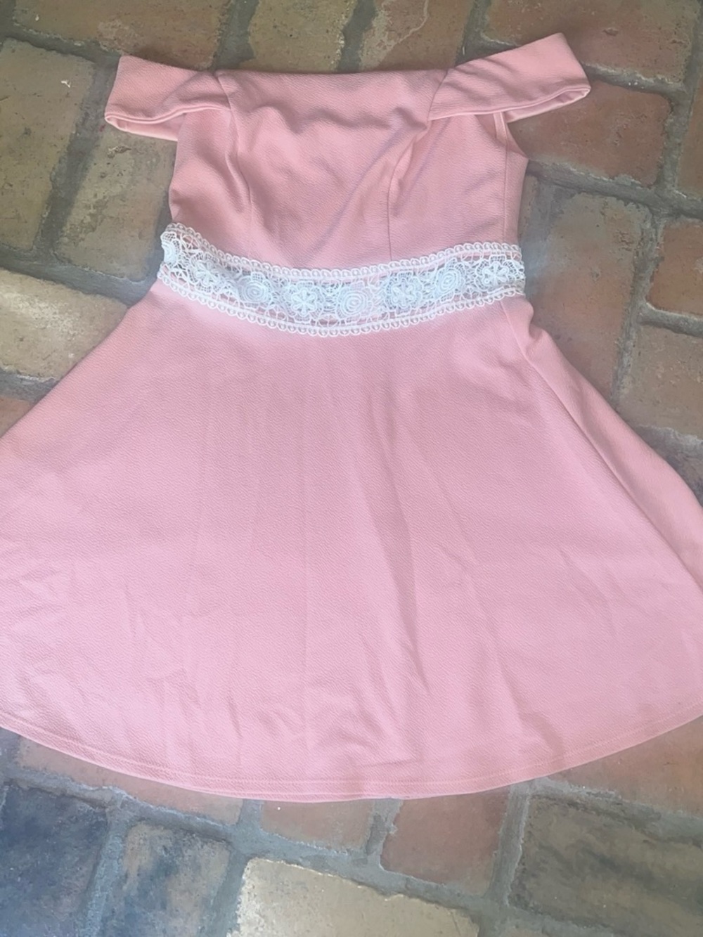 Teeze Me Pink Off-Shoulder Dress with White Lace Waistband
